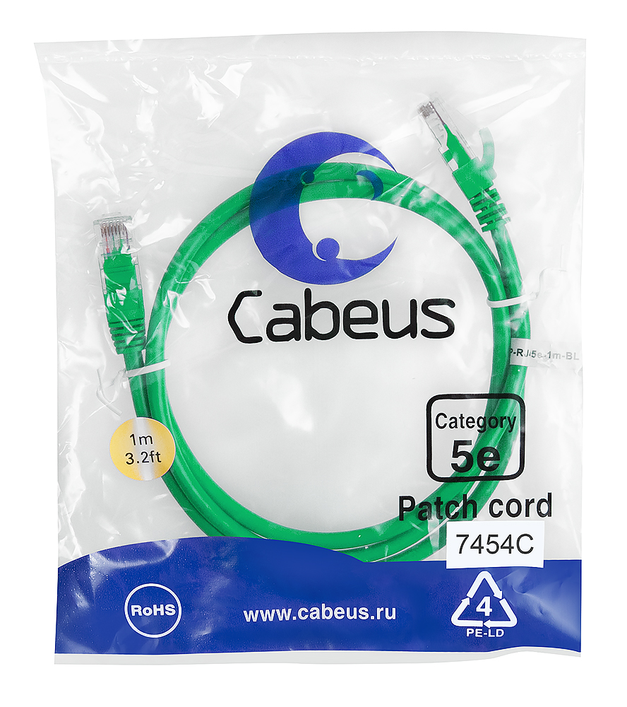 Cabeus PC-UTP-RJ45-Cat.5e-1m-GN - Патч-корд U/UTP , категория 5е , 2xRJ45/8p8c , неэкранированный , зеленый , ПВХ , 1м