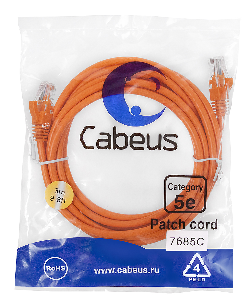 Cabeus PC-UTP-RJ45-Cat.5e-3m-OR-LSZH - Патч-корд U/UTP, категория 5е, 2xRJ45/8p8c, неэкранированный, оранжевый, LSZH, 3м