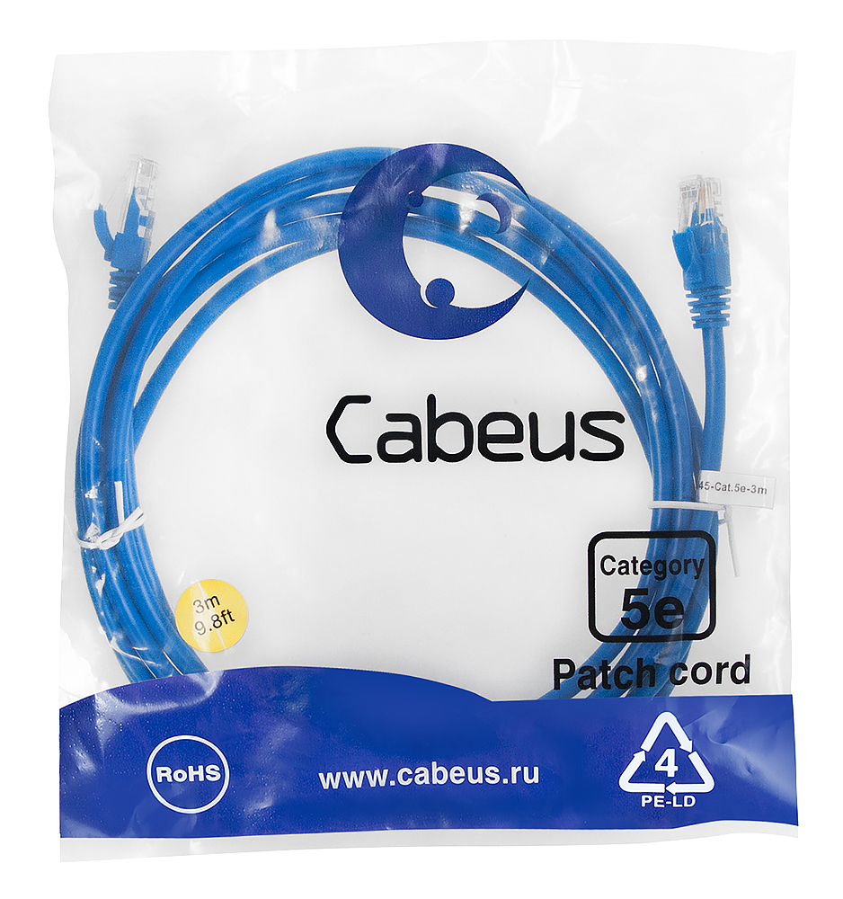 Патч-корд Cabeus PC-UTP-RJ45-Cat.5e-3m-BL-LSZH Патч-корд U/UTP, категория 5е, 2xRJ45/8p8c, неэкранированный, синий, LSZH, 3м
