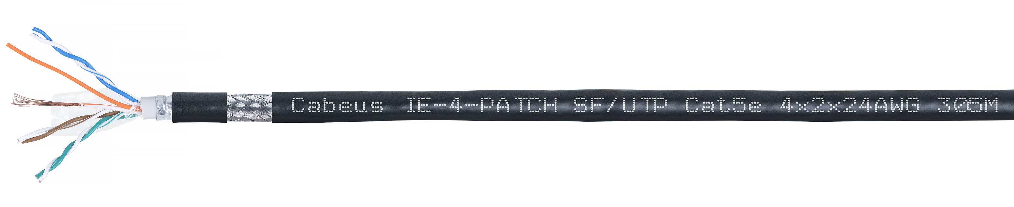 Cabeus IE-4-PATCH SF/UTP Cat5e 4X2X24AWG Кабель Industrial Ethernet, экранированная витая пара SFTP (SF/UTP), категории 5e, 4 пары, многожильный (stranded), экран – фольга + проволочная оплетка (сетка), внутренний/внешний (-40°C - +75°C), двойная оболочка PVC UV (305м)