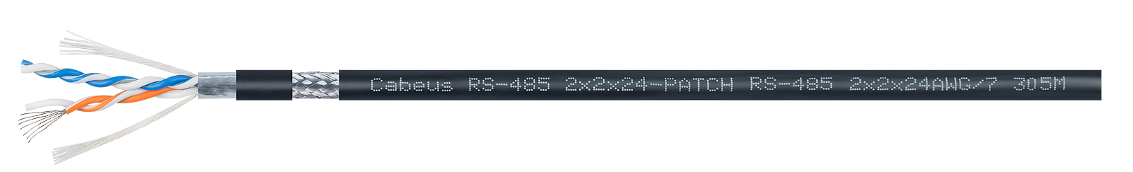 Cabeus RS-485 2x2x24AWG/7 Кабель для интерфейса RS-485/RS-422, 2x(2x24 AWG), многожильный (patch), экран - фольга + оплетка 90%, - 40 C - +75 C, PVC, similar - Belden 9842 (305м), Teldor 9392L02129D#30T