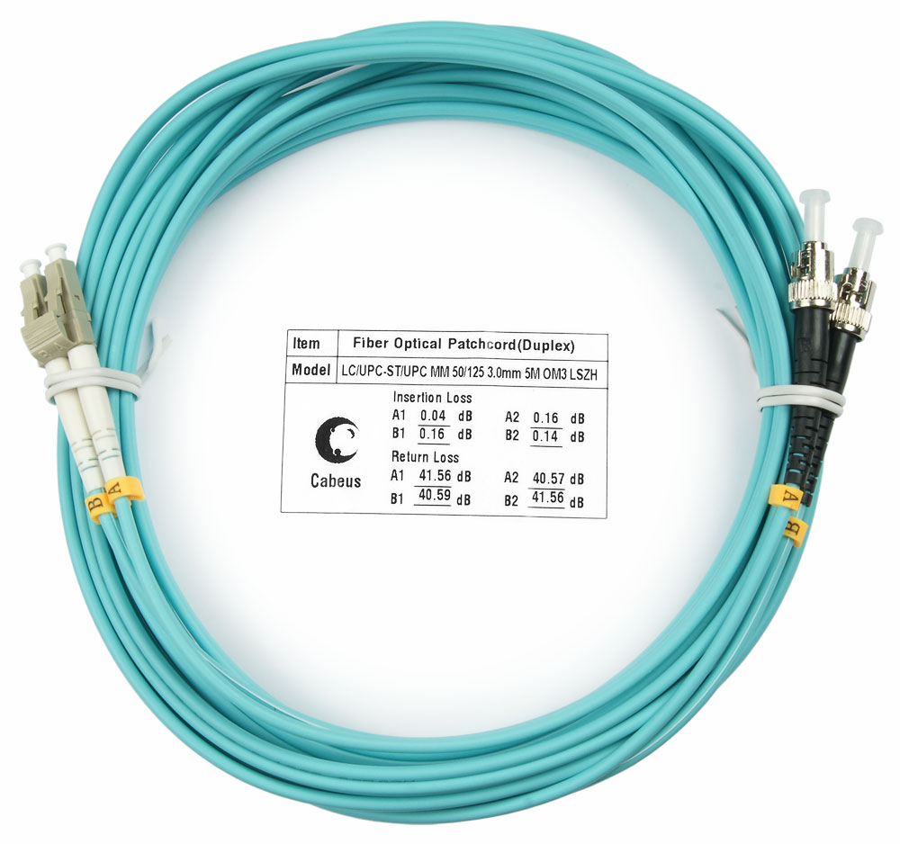 Оптический патч-корд duplex LC-ST 50/125 MM Cabeus FOP-50-LC-ST-20m 20 метров бирюзовый LSZH