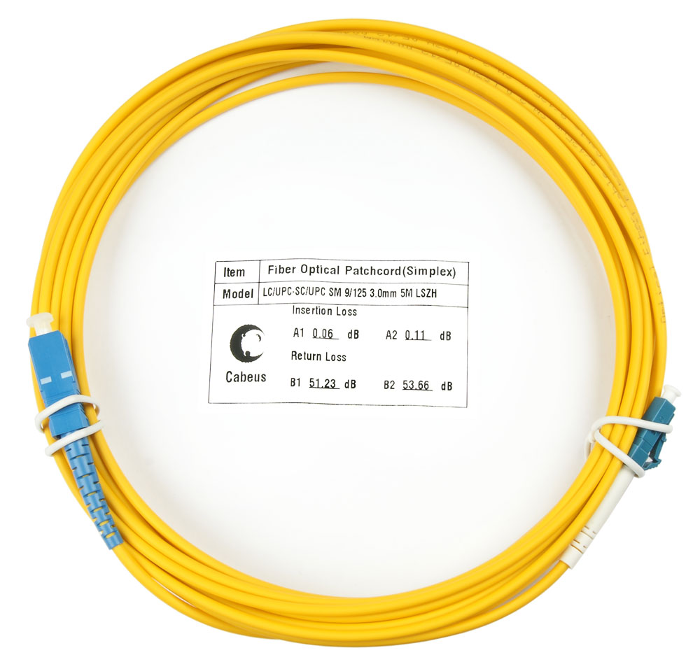 Комм. шнур оптический Cabeus Tight Buffer, Simplex SC/LC, OS2 9/125, LSZH, 5м, d= 3мм, синий хвостовик, желтый