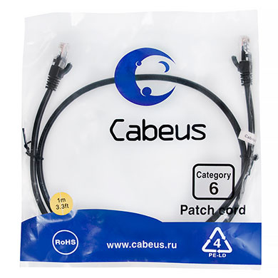 Патч-корд Cabeus PC-UTP-RJ45-Cat.6-1m-BK Патч-корд U/UTP, категория 6, 2xRJ45/8p8c, неэкранированный, черный, PVC, 1м