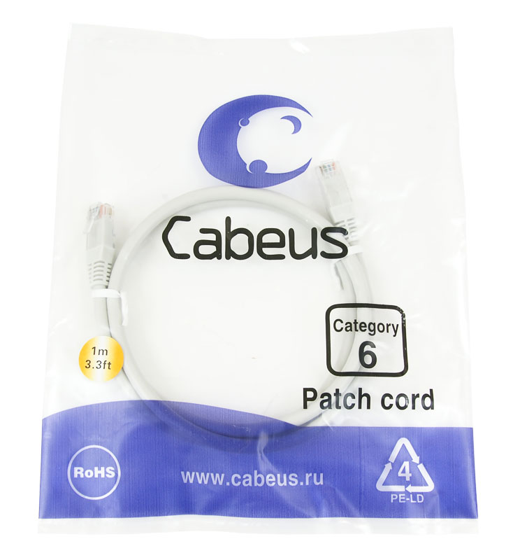 Cabeus PC-UTP-RJ45-Cat.6-1m Патч-корд U/UTP, категория 6, 2xRJ45/8p8c, неэкранированный, серый, PVC, 1м