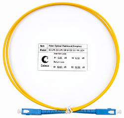 Комм. шнур оптический Cabeus Tight Buffer, Simplex SC/SC, OS2 9/125, LSZH, 1м, Ø 2мм, синий хвостовик, цвет: желтый