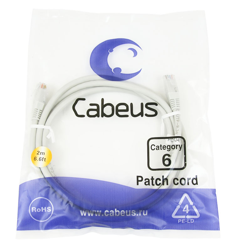 Патч-корд Cabeus PC-UTP-RJ45-Cat.6-1.5m Патч-корд U/UTP, категория 6, 2xRJ45/8p8c, неэкранированный, серый, PVC, 1.5м