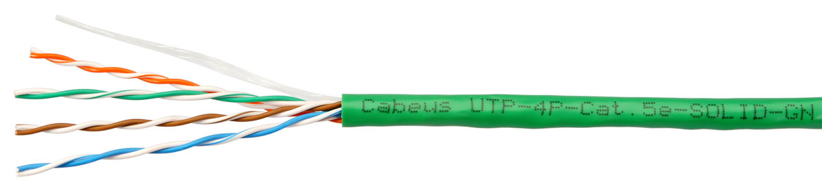 Cabeus UTP-4P-Cat.5e-SOLID-GN - Кабель витая пара UTP (U/UTP), категория 5e, 4 пары (24 AWG), одножильный, зеленый (305 м), системная гарантия 25 лет.